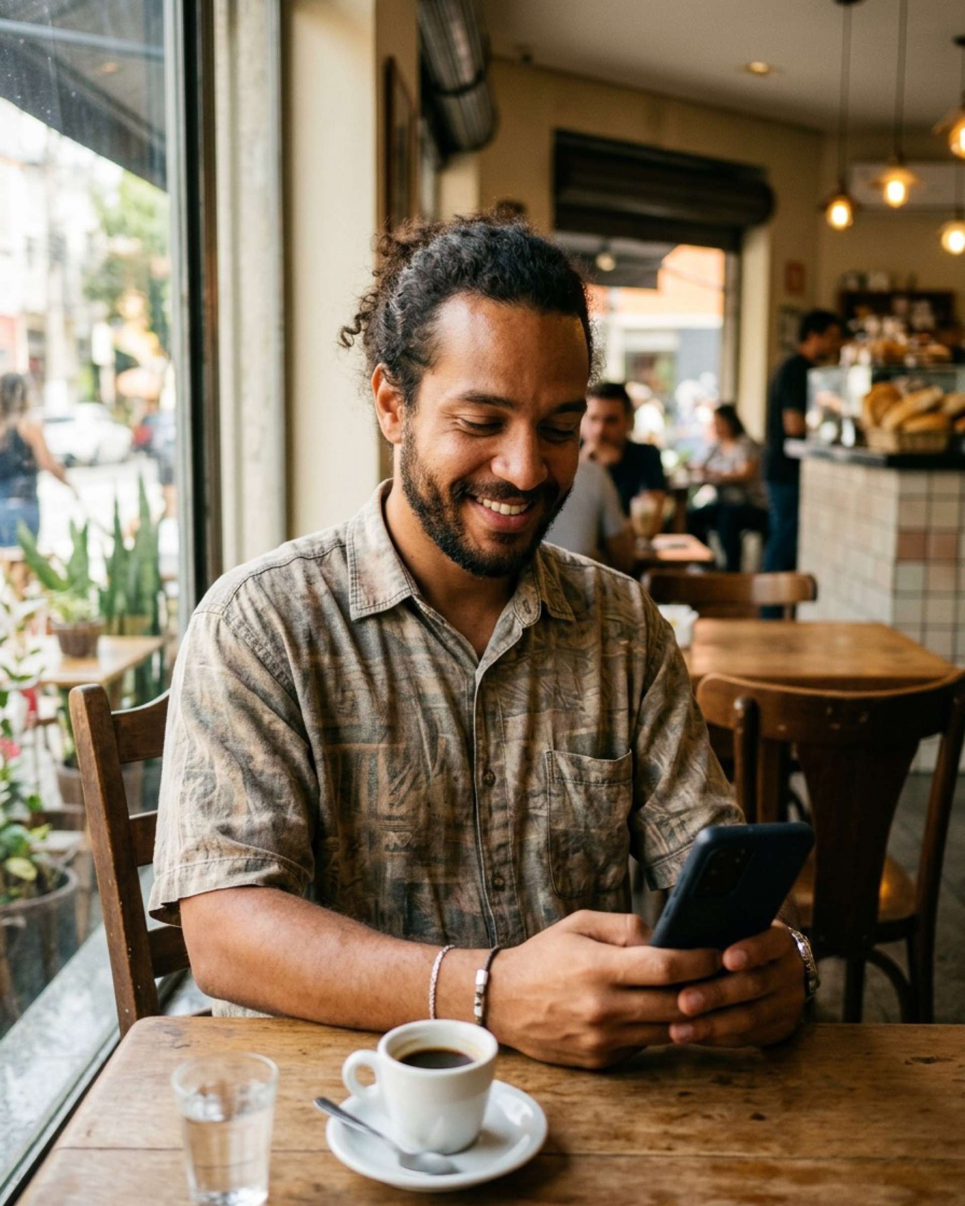 Cliente em uma mesa de cafeteria, lendo o celular com um sorriso e uma xícara ao lado